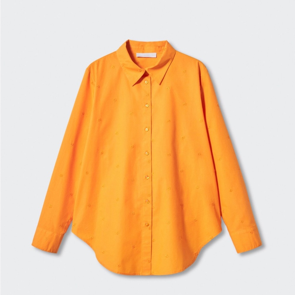 Mango Orange Button Down Shirt with Floral Embroidered Detail